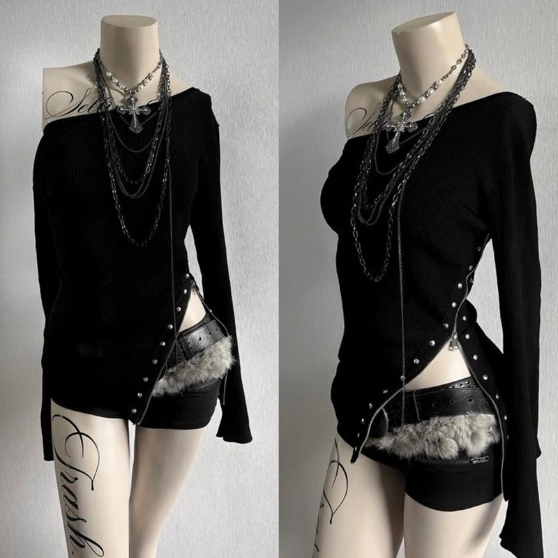 Gothic Y2K Women's Long-Sleeve T-Shirt Sexy Slim Fit Chic Slash Neck Zipper Design Crop Top Rock Punk Hip Hop Women's Streetwear