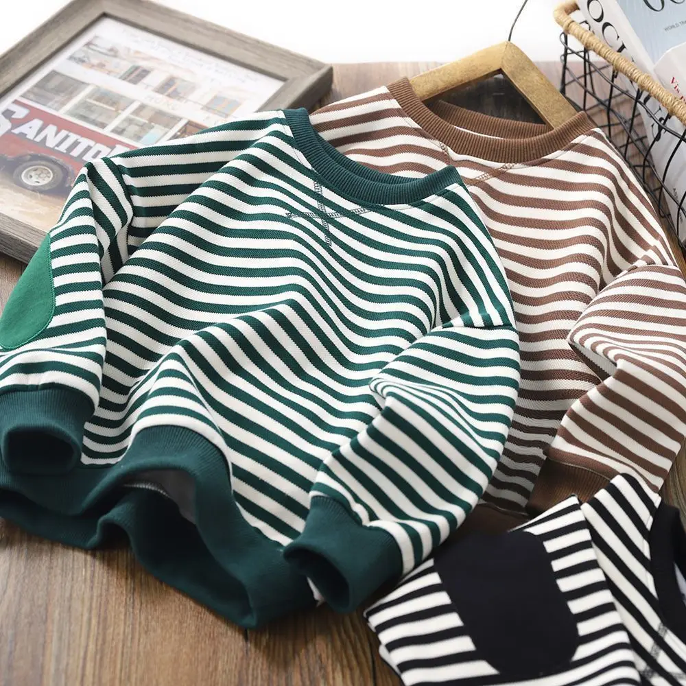 

Boys Spring Autumn Clothing Sweatshirt 2023 Striped Casual New Children's Bottoming Shirt Baby Girls Fleece Top Hoodie Pullover