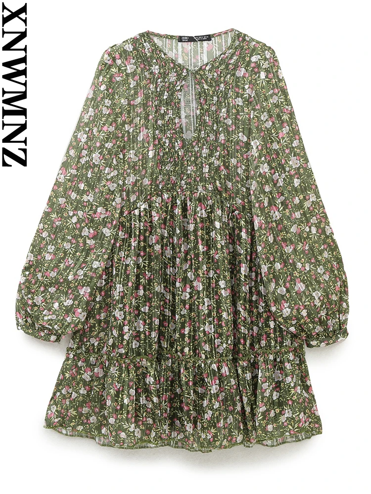 

XNWMNZ 2023 Women fashion flower print dress Woman holiday style O neck long sleeve ruffle hem female chic mini dresses