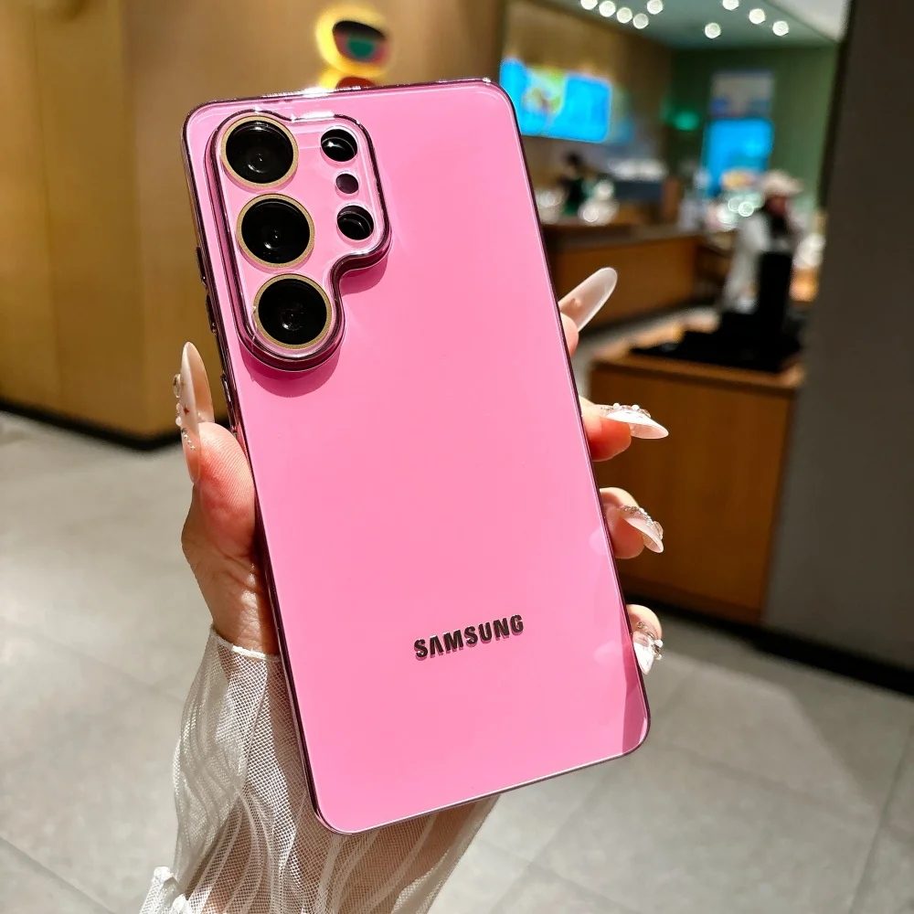 Luxury Solid Color Glass Phone Case For Samsung S26 S25 Ultra S24 FE S23Ultra Plating TPU Bumper Frame Lens Protection Cover