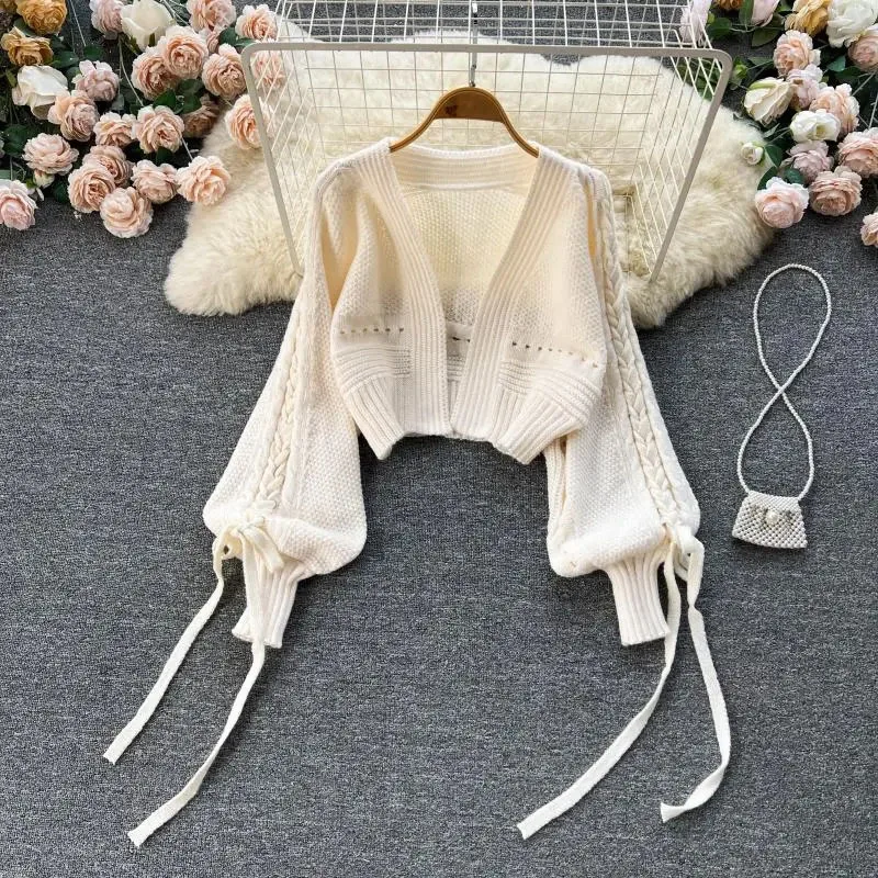 Autumn Solid Chic Knitted Crop Cardigans Sweet Winter Korean Elegant All Match Cardigan Fashion Lantern Sleeve