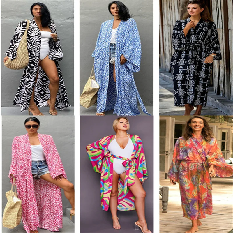 Sexy Bikini Cover-ups Deep V Neck Long Cardigan Tunic  Printed Summer Beach Dress Kimono Women Clothes Beachwear Swim Suit Cover