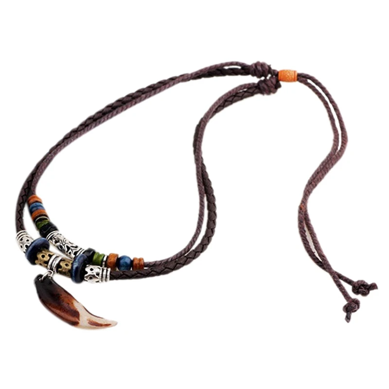 

Leather Tribal Necklace for Women and Men Vintage Bohemian Style Ethnic Beads Choker Braided Adjustable Double Layers