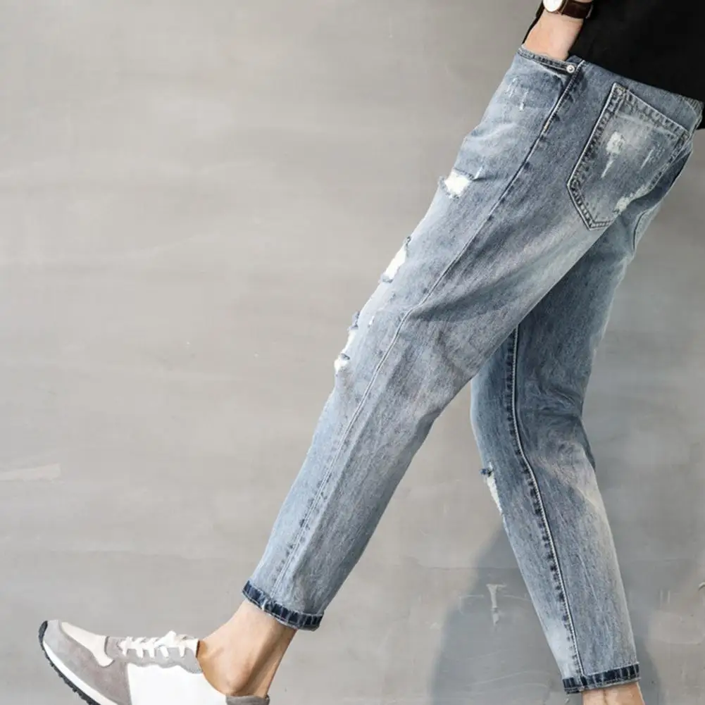 

Slim Cut Pants Stylish Men's Gradient Color Jeans with Ribbed Holes Slim Fit Multi Pockets Durable Stitching for Long-lasting