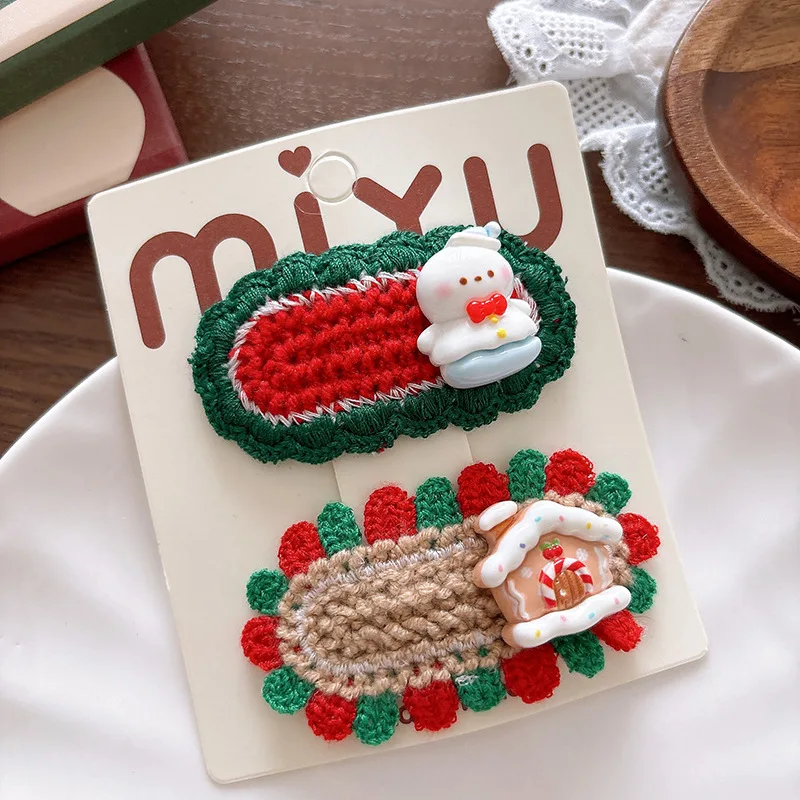 2PCS Christmas Hair Clips, Crochet Cartoon Xmas Hairpins for Girls Kids, Festive Party Christmas Hair Accessories Decorations