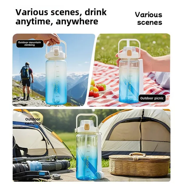 1.5/2 liter Water Bottle Portable Plastic Sports Bottle With Straw Strap Large Tumbler Gym Travel Juice Drinking Bottle BPA Free 3