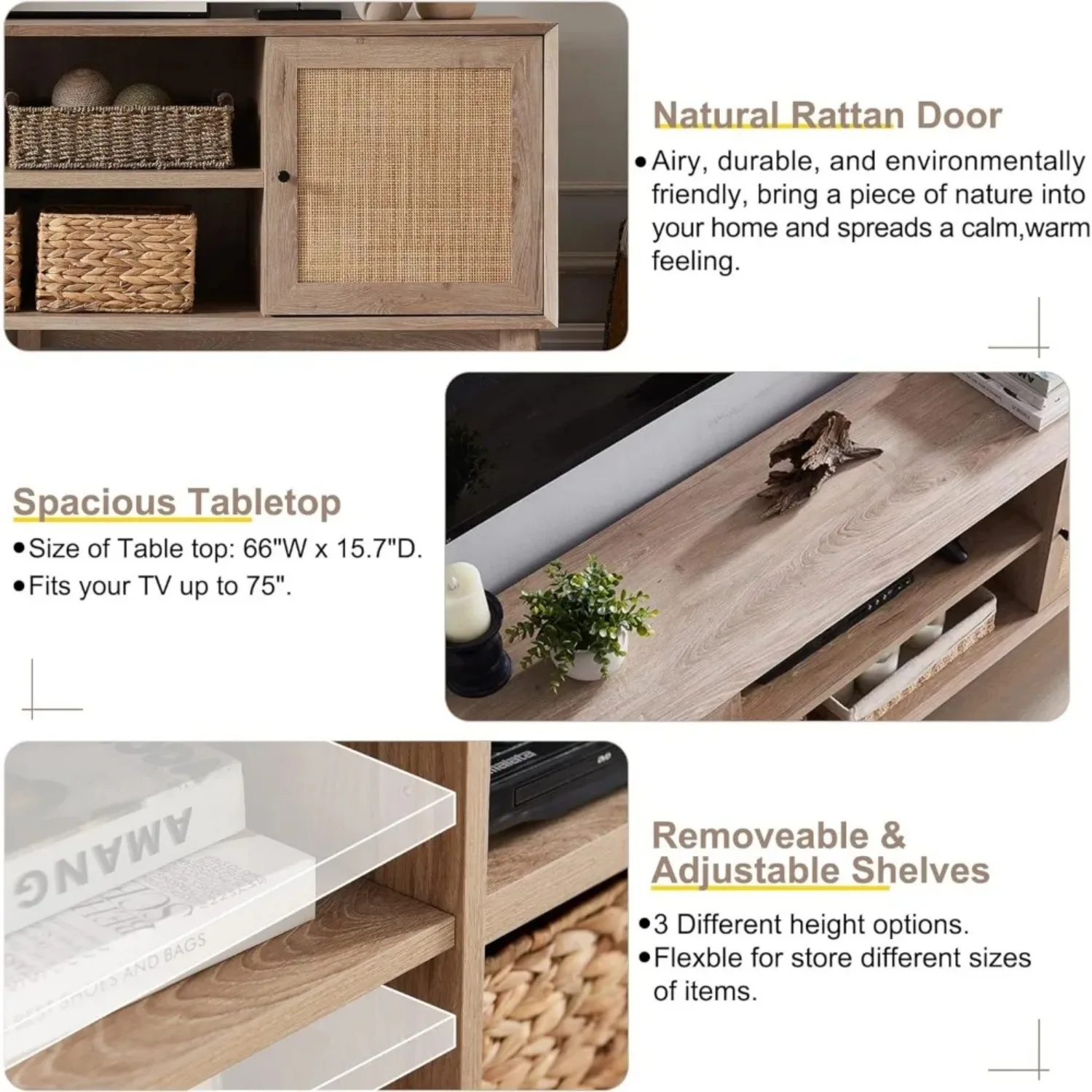 TV Stand for 75+ Inch TV, Modern Entertainment Center w/Natural Rattan Door, Storage Shelves, Large Boho Media TV Console