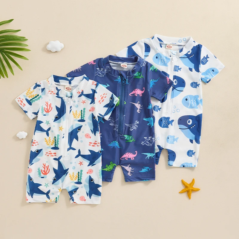 0-3 Years Infant Toddler Baby Boy Swimming Costume Cartoon Print Swimwear Short Sleeve Zipper Rash Guard Swimwear Bathing Suit kids swimsuits