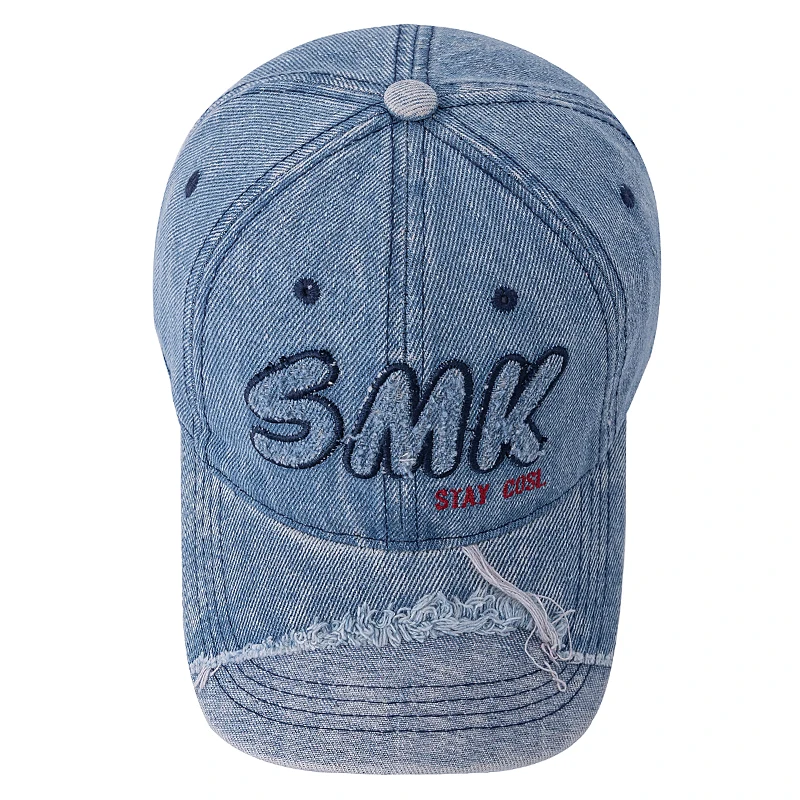 Hot Sale Unisex Washed Cotton Raw Hem Baseball Cap Distressed Hat SMK Letter Embroidery Outdoor Sports Dad Hat For Men And Women