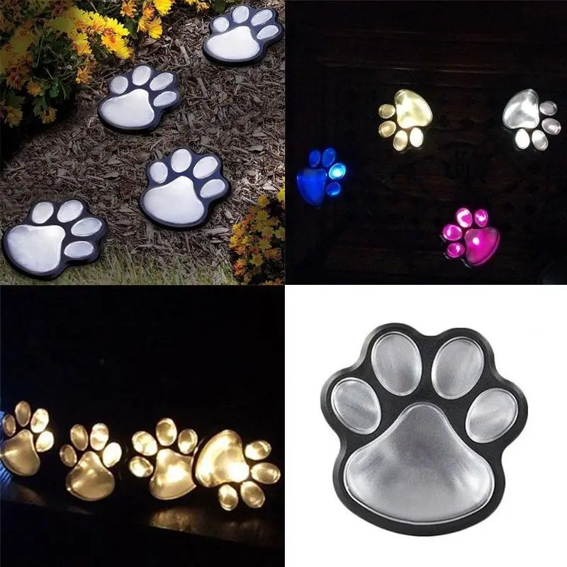 4 Solar Cat Animal Paw Print Lights Garden Lantern LED Path Lamp/White Newly 