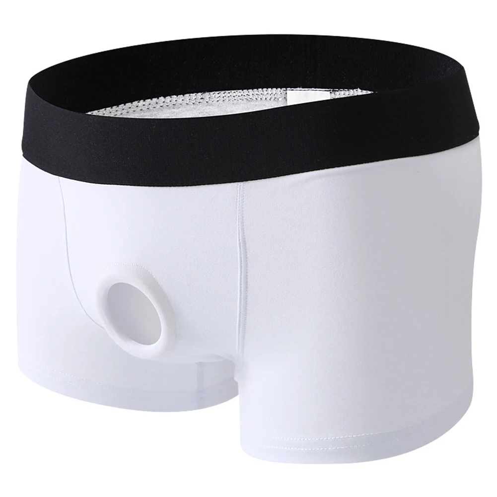 Men's Masturbation Underwear With Built-in Toy Holder Cotton Boxer Shorts Storage Pouch Vibrating Cock Ring Open Front Panties