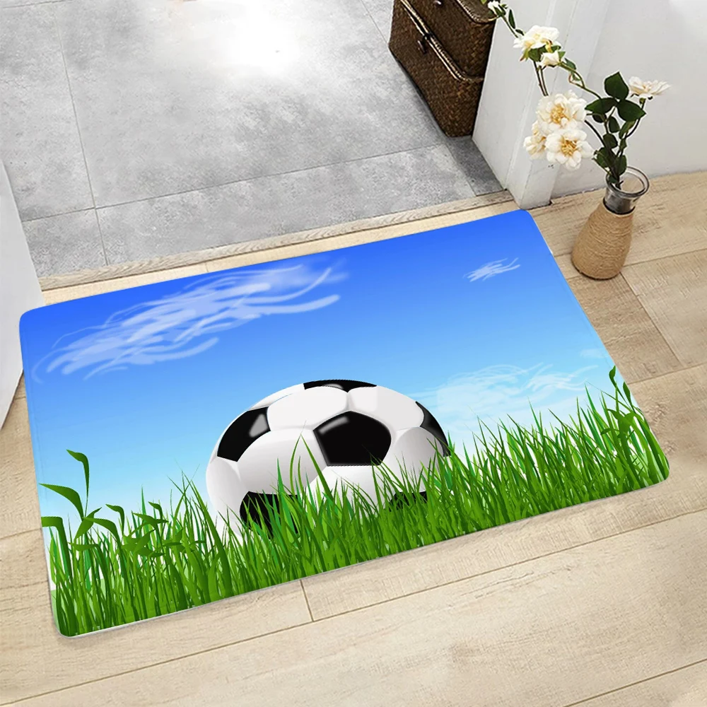 

CLOOCL Flannel Doormat Children's Bedroom Non-slip Mat Blue Sky Grass Football Graphic One-Side Printing Floor Mat Fashion Rug