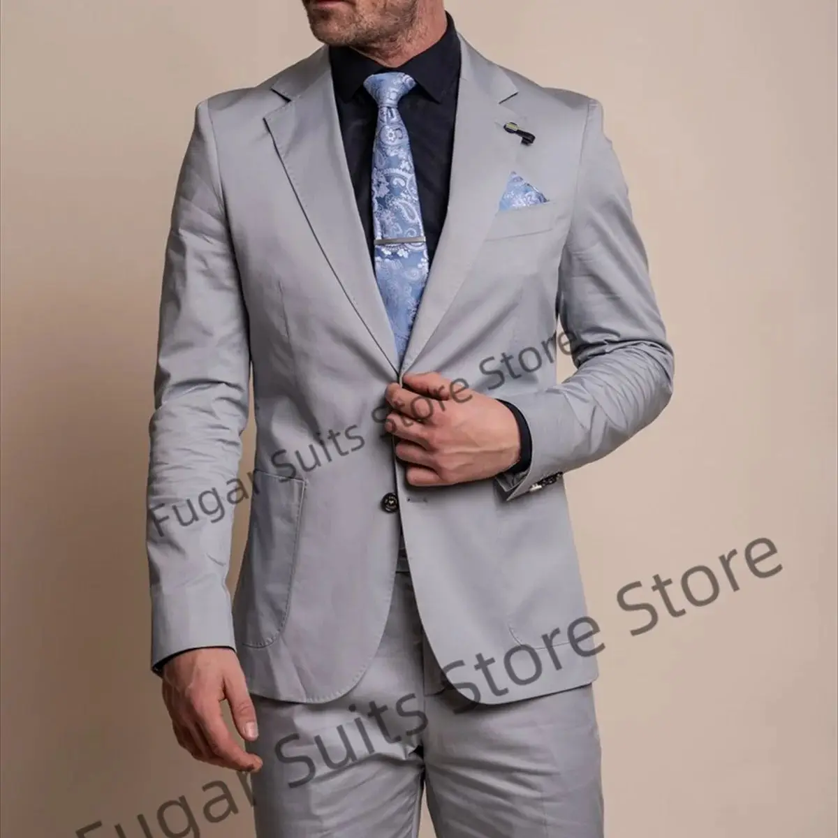 Fashion Silver Gray Formal Suits For Men Slim Fit Office Work Groom Tuxedos 2 Pieces Set Shiny Casual Male Blazer Costume Homme