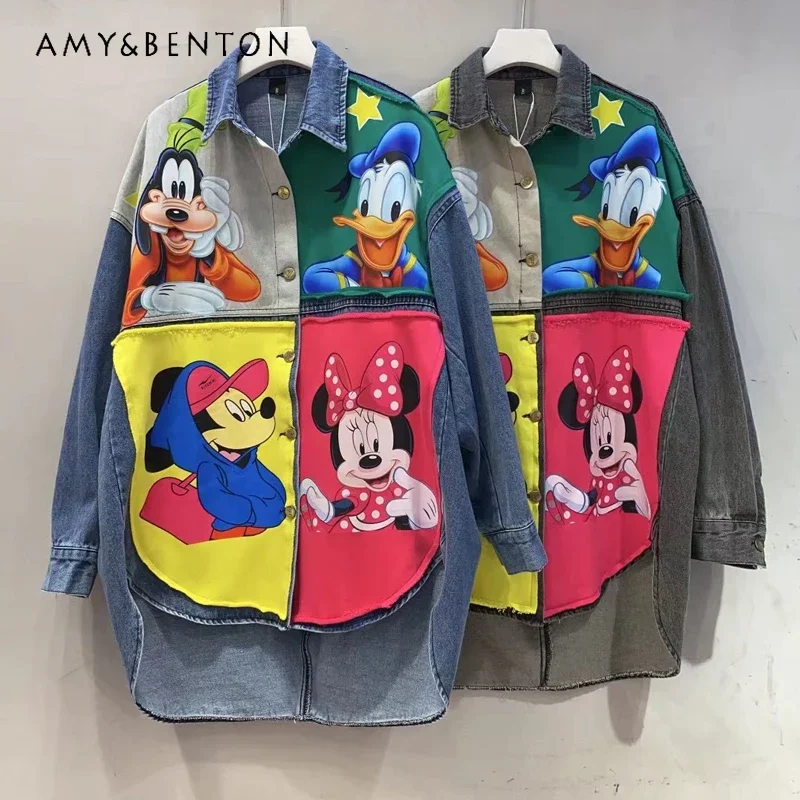 Potdemiel Autumn Denim Jackets Blouse Cute Fashion Loose Cartoon Patchwork Assorted Colors Printing Jeans Top Shirt Coat Outwear