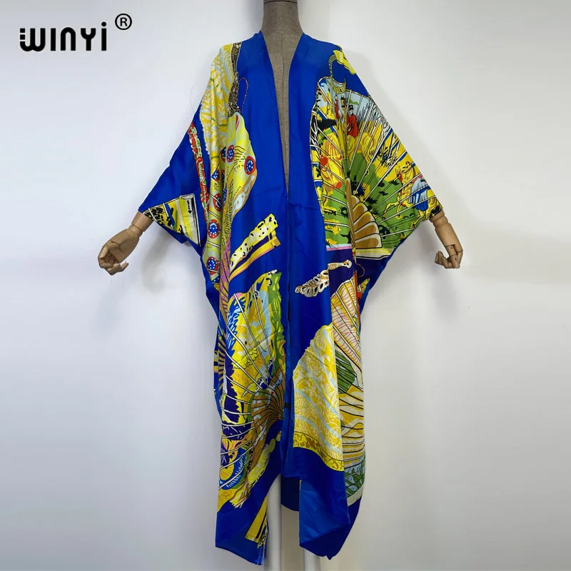 

Middle East Summer Popular Women's Full Length Bohemian Printed Twill Silk Kimonos Oversize African Lady Ramadan Duster Coats