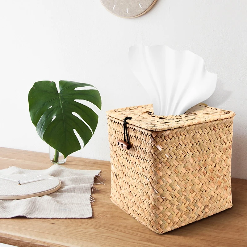 2 Pack Square Seagrass Facial Tissue Box - Decorative Woven Paper Holder Napkin Dispenser - Straw Tissue Box Cover 6