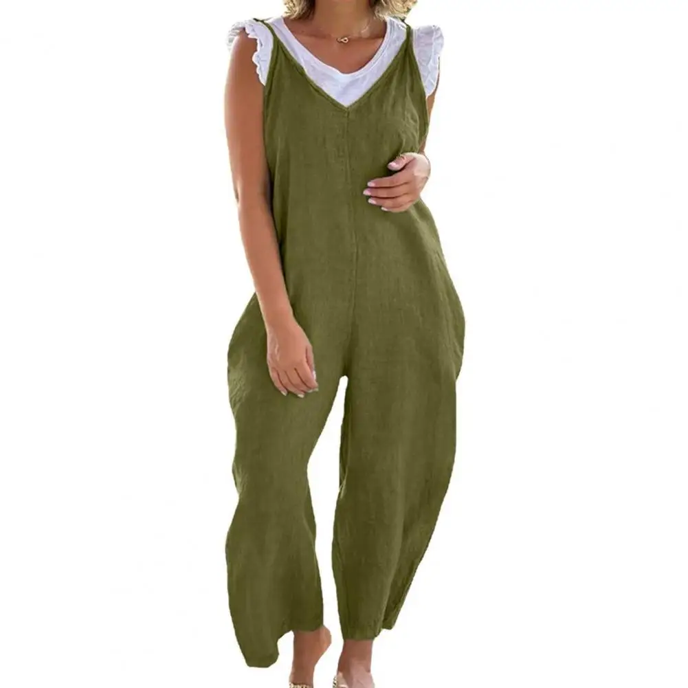 

Women Jumpsuit Wide Leg Solid Color V Neck Spaghetti Strap Deep Crotch Daily Wear Loose Backless Women Summer Jumpsuit