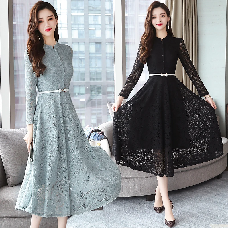 

Long Sleeved Lace Dress, New Style For Women In Spring And Autumn, Mid Length Temperament Skirt, Slim Fitting Waist Long Skirt