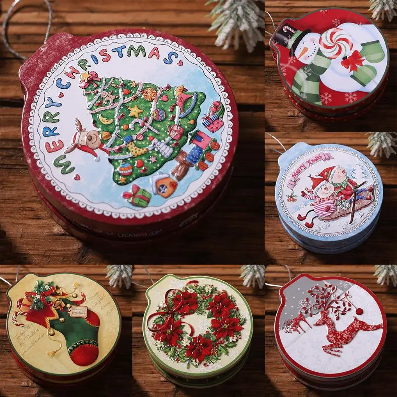 

Christmas Round Biscuit Cookie Storage Box Hanging Tree Tin Tea Coin Cont