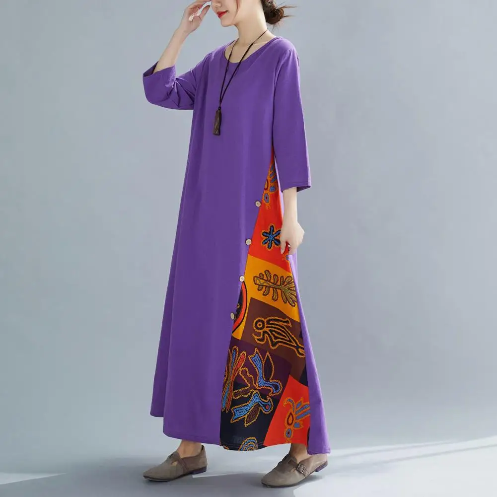 

Round Neck Long Dress Stylish Retro Printed Maxi Dress for Women Colorful Button Decor A-line Summer Dress with Three for A