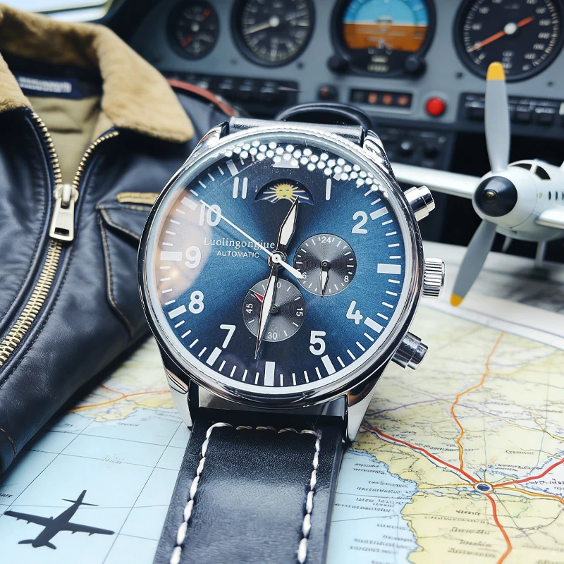 Sports Men's Automatic Mechanical Watch with Skeleton Design, Round Dial, Moon Phase Sub-Dial, Luminous Leather Strap, Waterproof, Fashionable Business Casual Men's Watch, Suitable for Travel and Dail - 5