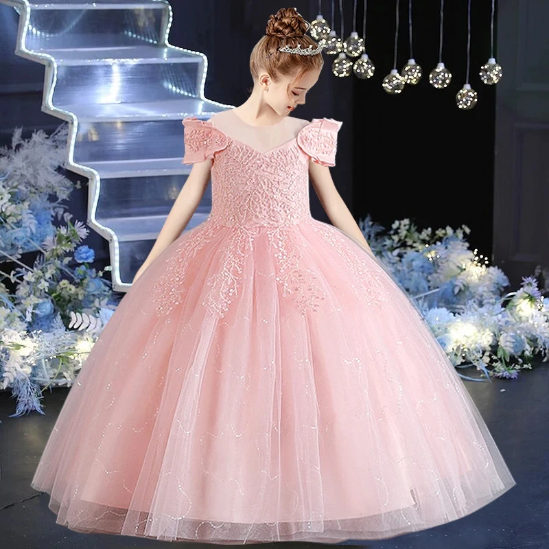 Girl Dress For Wedding Applique Tulle Short Sleeve Pearl Princess Kids Birthday First Communion Ball Gown