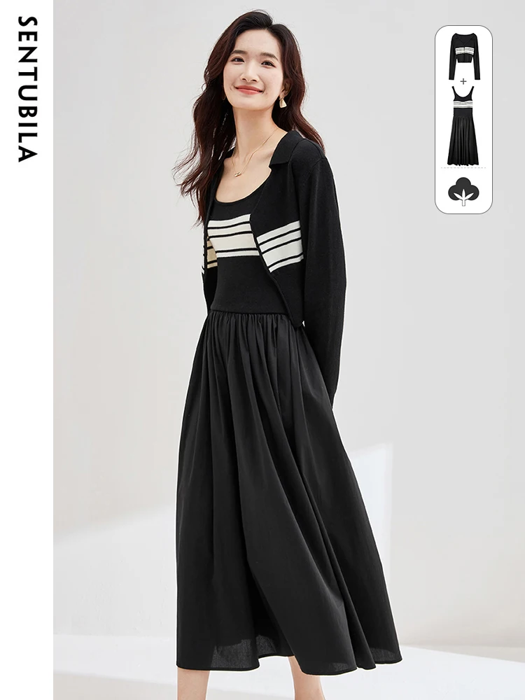 SENTUBILA Fashion Striped Knitted Two Piece Women Sets 2024 Spring Contrast Cardigan Jacket Spliced Female Vest Dress 733Z52518