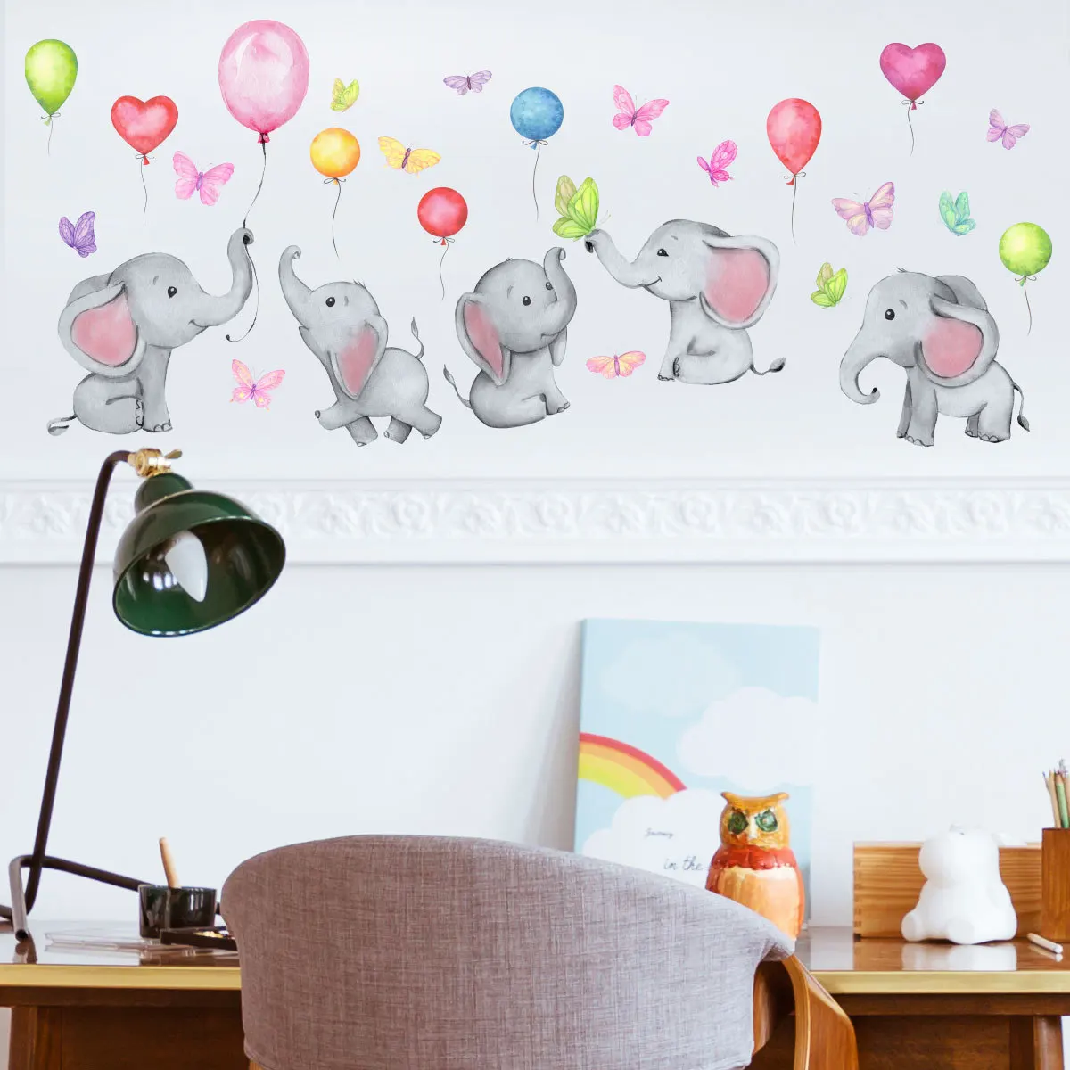 

Cartoon Elephant Balloon Butterfly Wall Sticker, Children's Room, Bedroom Study Decoration Sticker, New