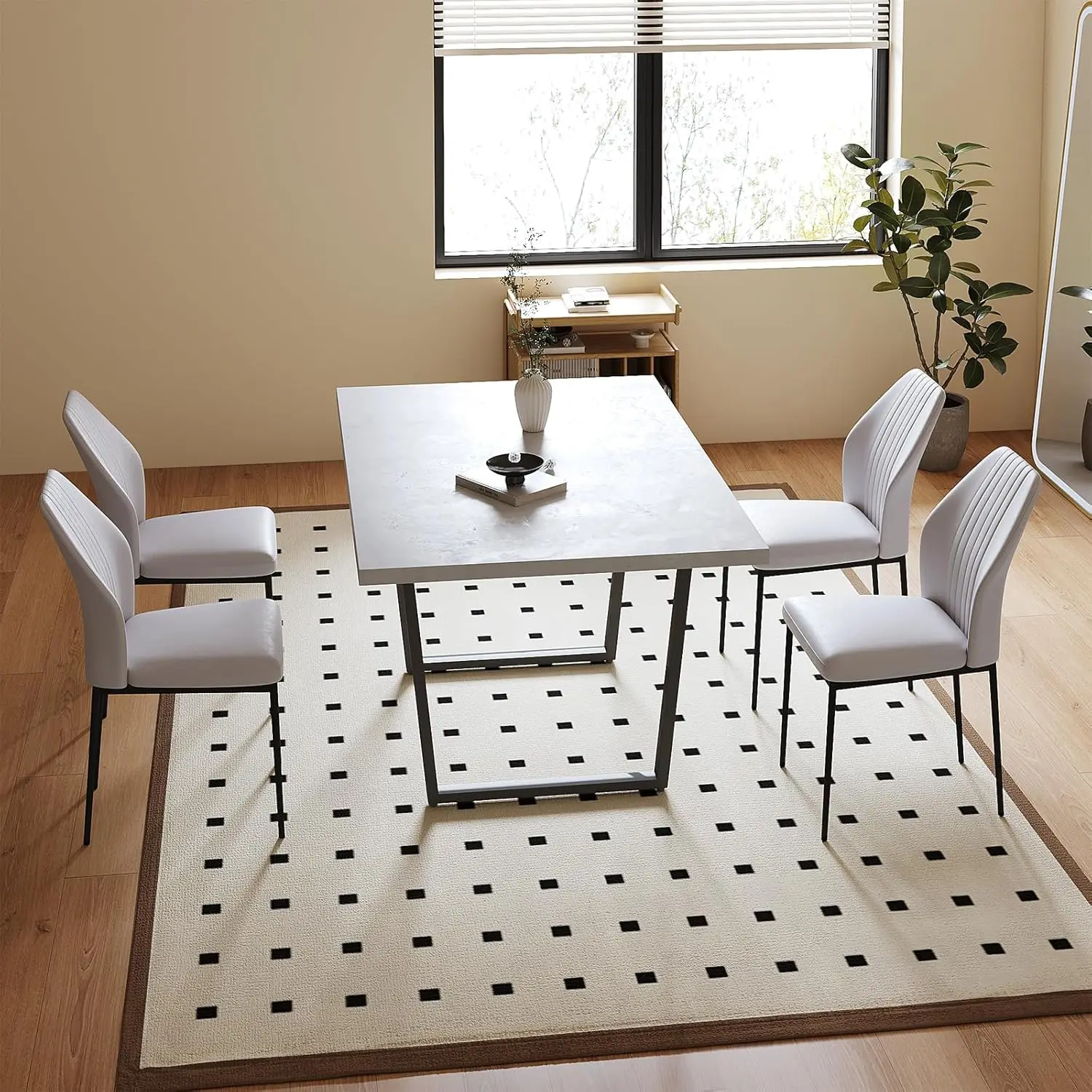 5 Piece Dining Table Set, 42.9 Inch Modern Kitchen Dining Table and Leather Dining Chairs(Table + 4 White Chairs)