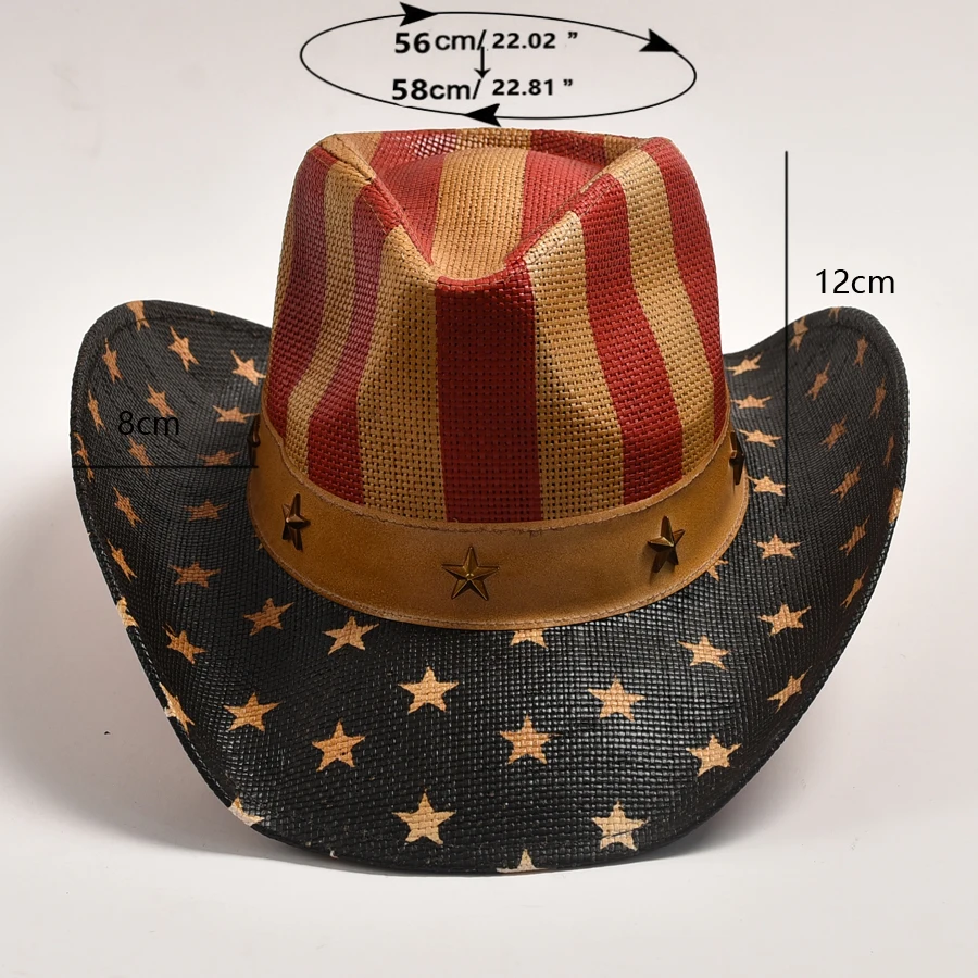 Classic American Flag Western Cowboy Hats Summer Straw Wide Brim Beach Sun Hat Cowgirl Party Jazz Hat 2