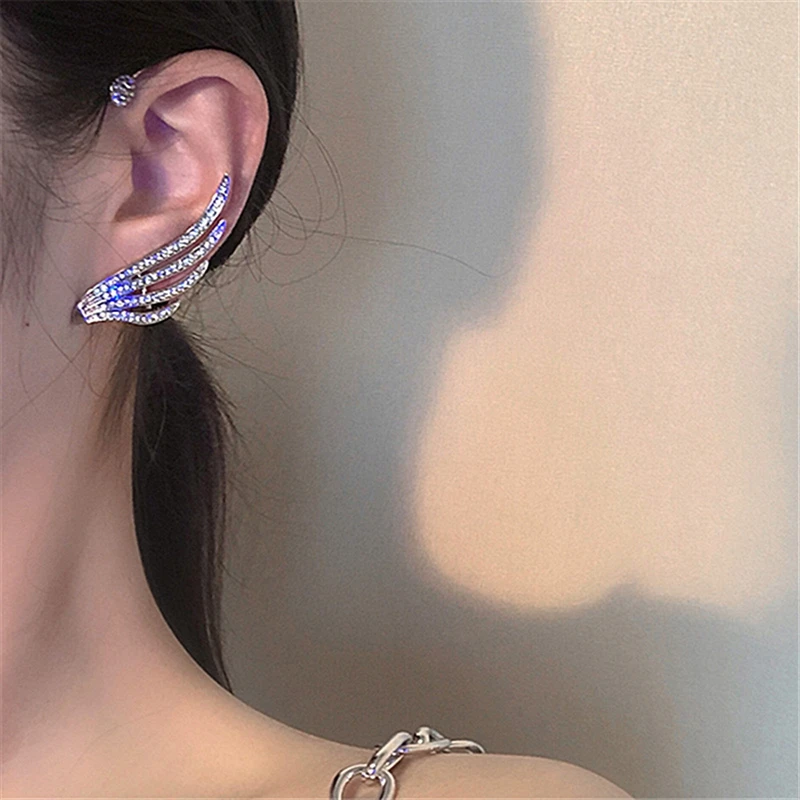 Single New Korean Angel Wing Rhinestone Earrings Shiny Drill Arc Ear Hanging Clip Earrings For Women Unusual Ear Cuff