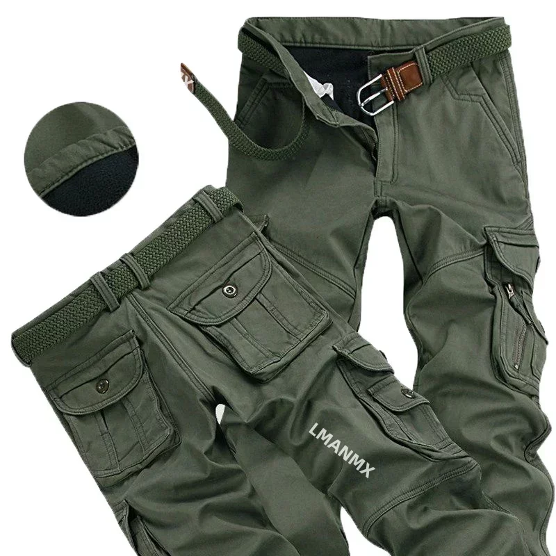 

Men's Winter Pant Thick Warm Cargo Pant Casual Fleece Pocket Fur Trouser Plus Size Brushed Fashion Loose Worker Male