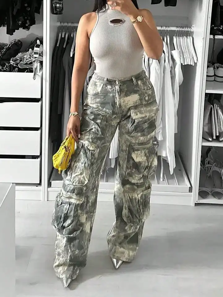 Womens Y2K High Waist Camo Cargo Pants