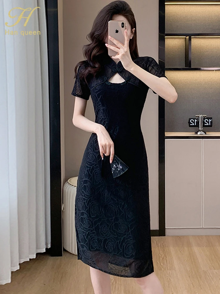 

H Han Queen Sexy Hollow Out Mesh Black Dress Women 2024 Summer Sheath Bodycon Midi Dress Party Casual Vestidos Female Clothing
