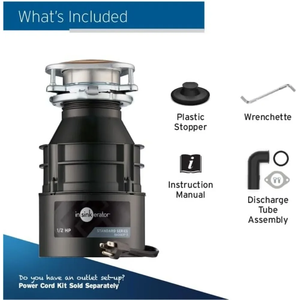 Badger 5 Garbage Disposal with Power Cord, Standard Series 1/2 HP Continuous Feed Food Waste Disposer, Badger 5 W/C 3