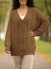 ZANZEA Fashion Knitted Sweaters Women Cardigans 2025 Autumn Outerwear Casual Long Sleeve Knitwear Long Cardigan Winter Jumpers