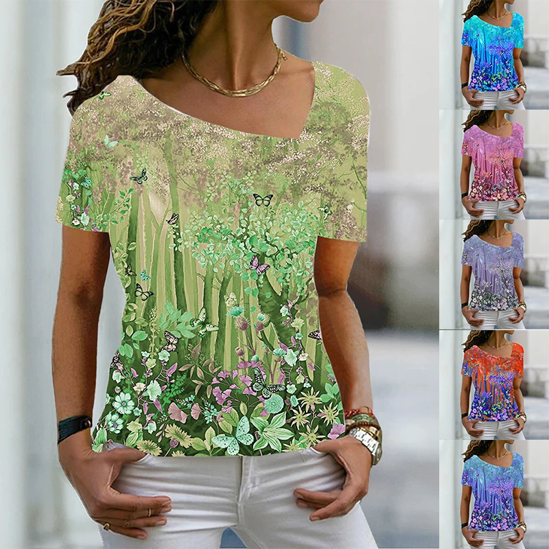 

2022 Summer Women's Fashion Plant Printed 3D Theme Abstract Geometric T Shirt V Neck Basic Tops Shirt 6XL Pullover