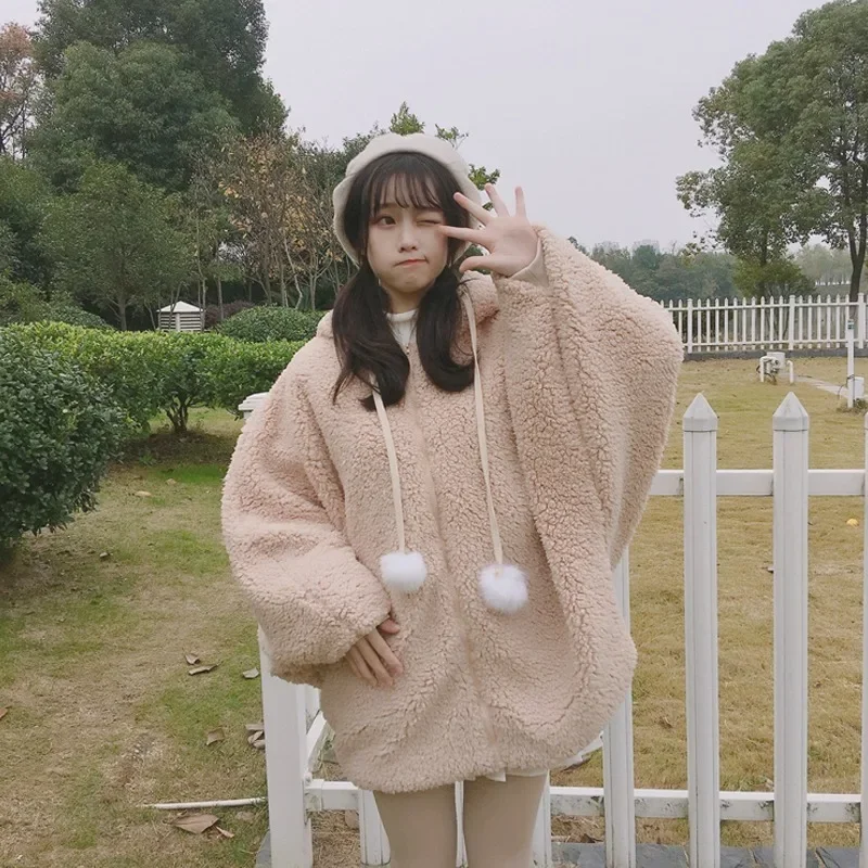 New Kawaii Coat Girl Winter Warm Soft Faux Fur Batwing Sleeve Zipper Harajuku Teddy Coat Women's Cute Rabbit Ear Plush Hoodie