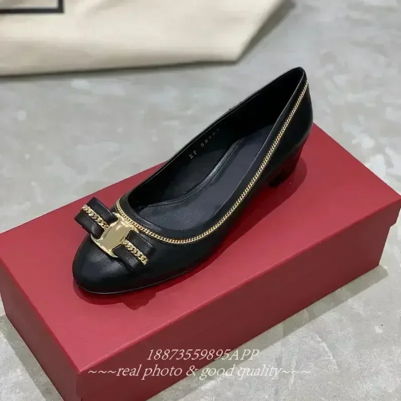 Top quality soft suede round head chain bow women's flat 3cm chunky heels elegant women's office work shoes 5