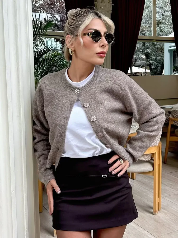 Autumn Women's Knit Button-Front Cardigan Long Sleeve O-Neck Solid Color Sweater Coat Fashion Ladies Casual Street Knitwear