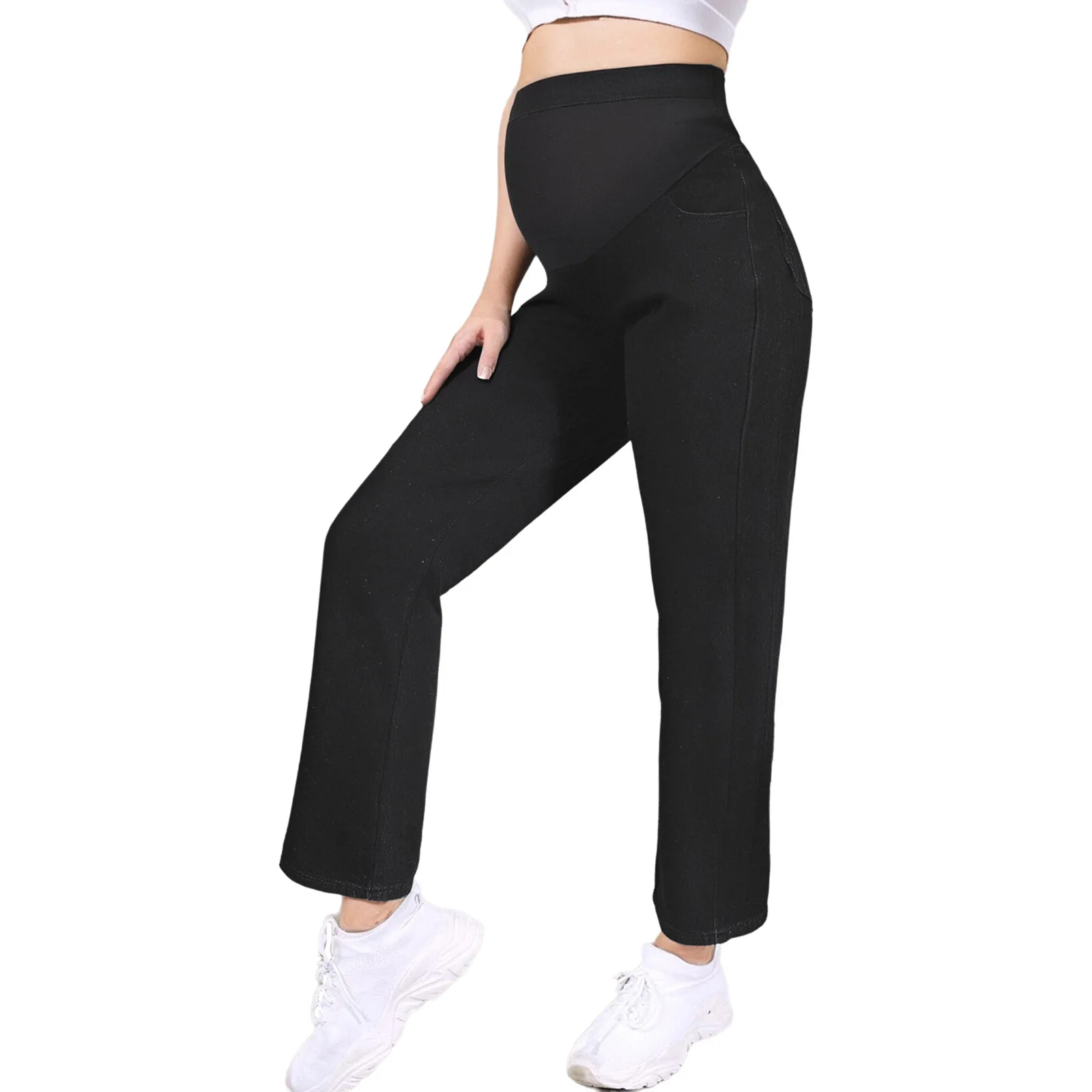 프레마마 의류 임산부 엄마 청바지 조절 가능한 하이웨이스트 바지 임산부 캐주얼 와이드 레그 데님 팬츠 포켓 포함