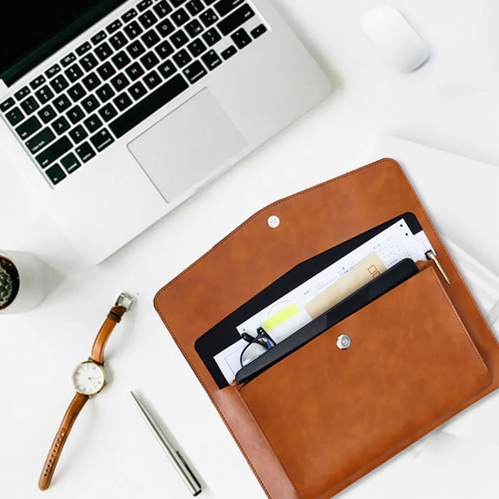 Leather File Folder Business Briefcase Magnetic Button Waterproof Laptop Cases Office Organizer laptop bag leather briefcase file information bag business shoulder bag