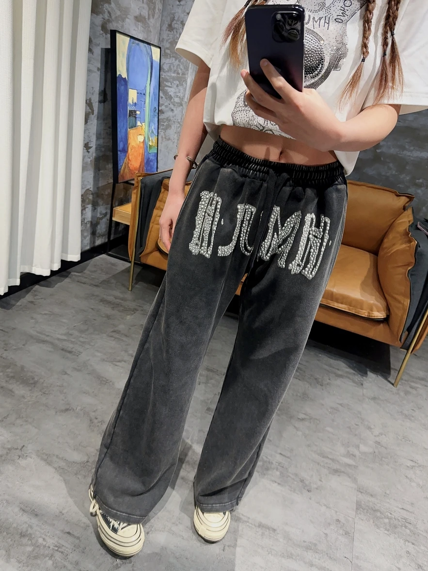 Trendy Brand Wide Leg Sweatpants Men/woman Moppingg Floor Troousers Rivet Letters Elastic Waist Streetwear Pants Handsome Tide
