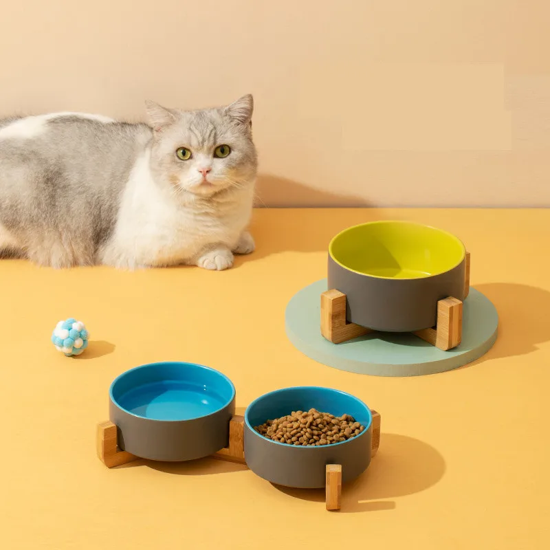 

Fashion Ceramic Dog Bowl Set Dish with Wood Stand Elevated Cat Bowls Pet Dogs Feeding Dishes Bowl for Dog Cat Water Food Feeder
