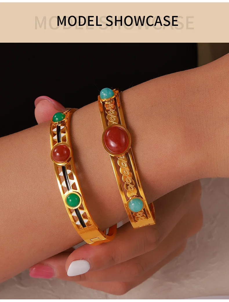 Retro ethnischen ausgehöhlten eingelegten Naturstein Titan Stahl Armband für Frauen Schnalle Armreif Emaille Schmuck Großhandel – Detail 3