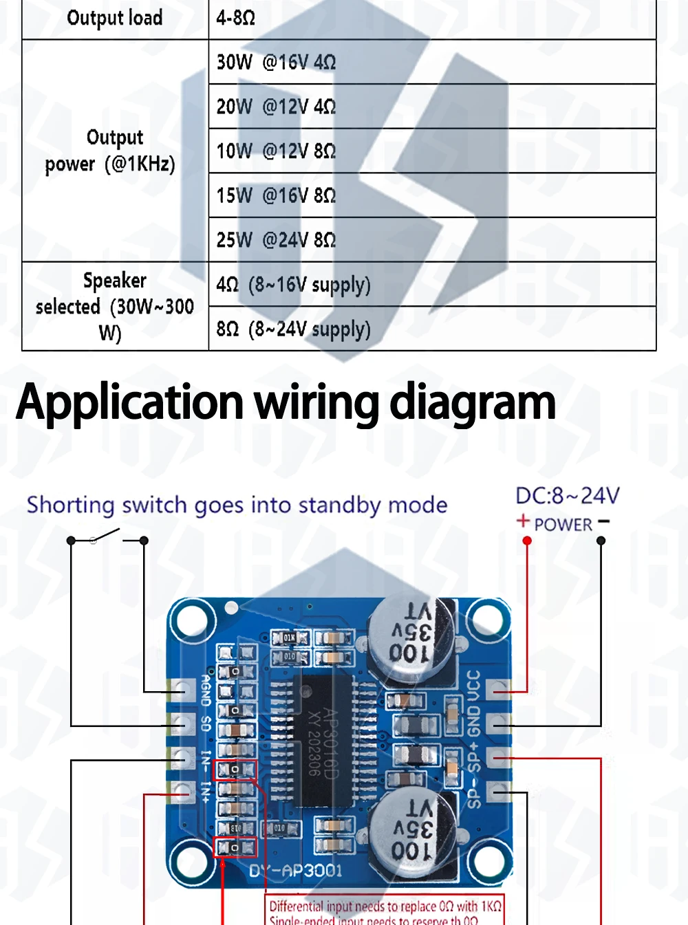 1 ~ 10 Stück DC 8V-24V Hochleistungs-Digital verstärker modul Mono Klasse D 4-8Ohm für 30W-300W Lautsprecher Audio-Leistungs verstärker platine DC – Detail 2