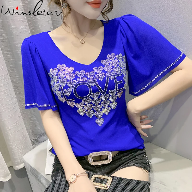 

Sexy Mesh T-shirt Women Summer V-neck Handmade Diamonds Beading Loving Heart Slim Stretchy Women Tops Tees Flare Sleeve T26208