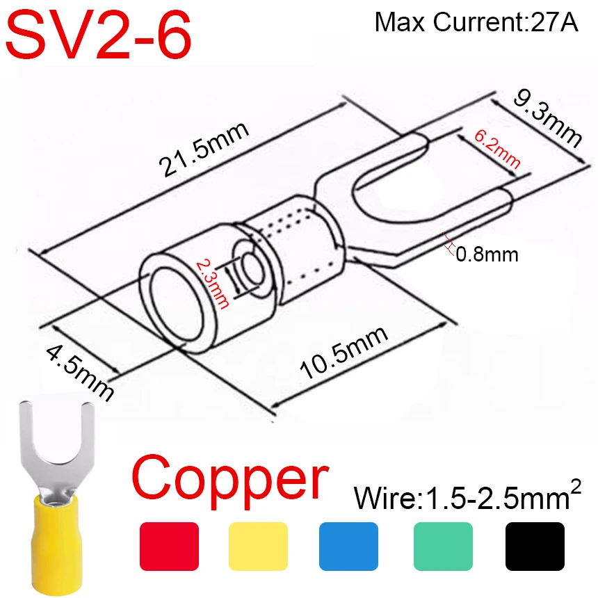 thumbnail image 1 of SV1.25/2/3.5/5.5/8-3/3.7/4/5/6/8 SV1.25/2/5 Cable de alambre Furcate de horquilla de cobre conector eléctrico Terminal de engarzado aislado de pala, 1 of 5