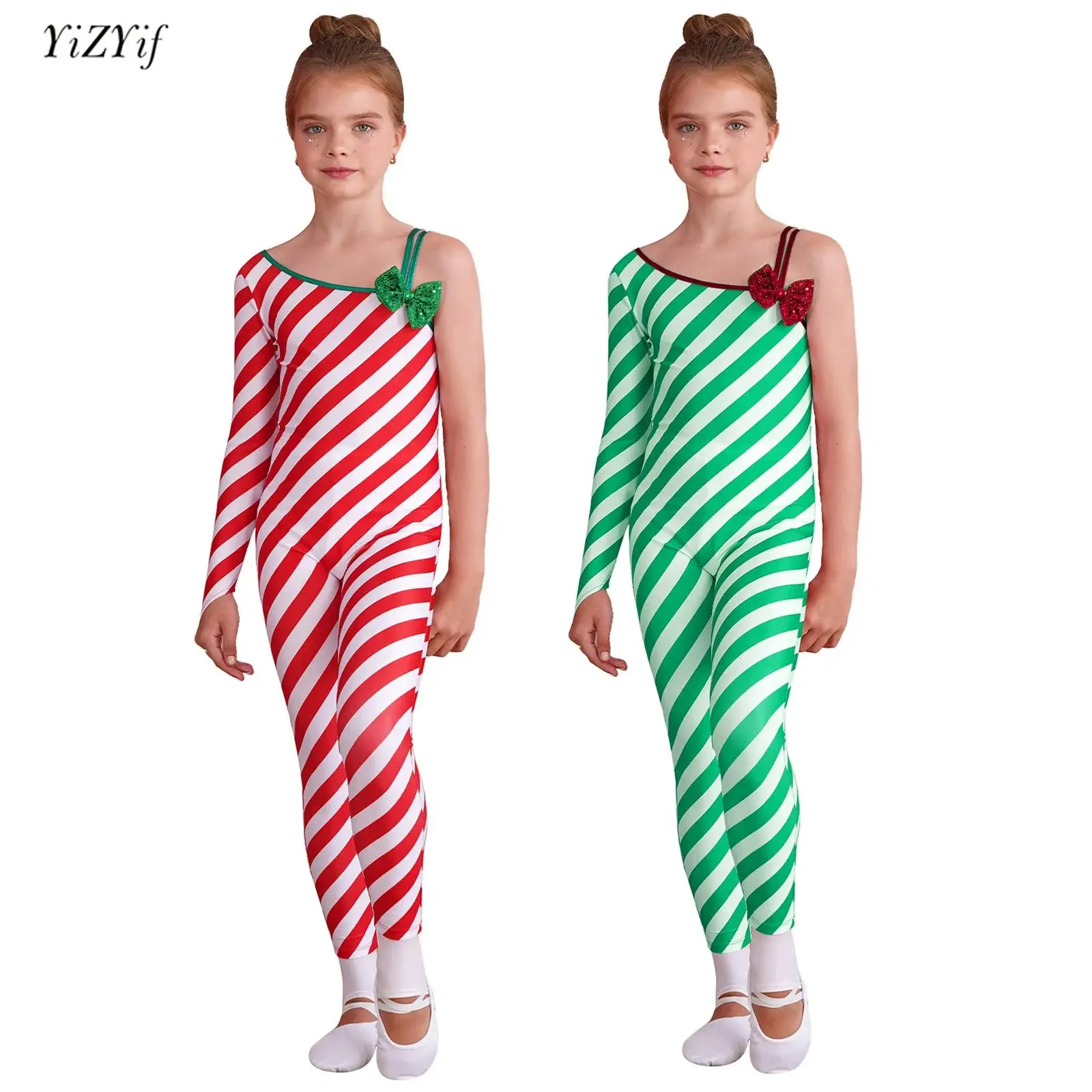 

Kids Girls Christmas Candy Cane Jumpsuit Unitard One Shoulder Bowknot Striped Bodysuit Ballet Dance Leotard Xmas Party Wear