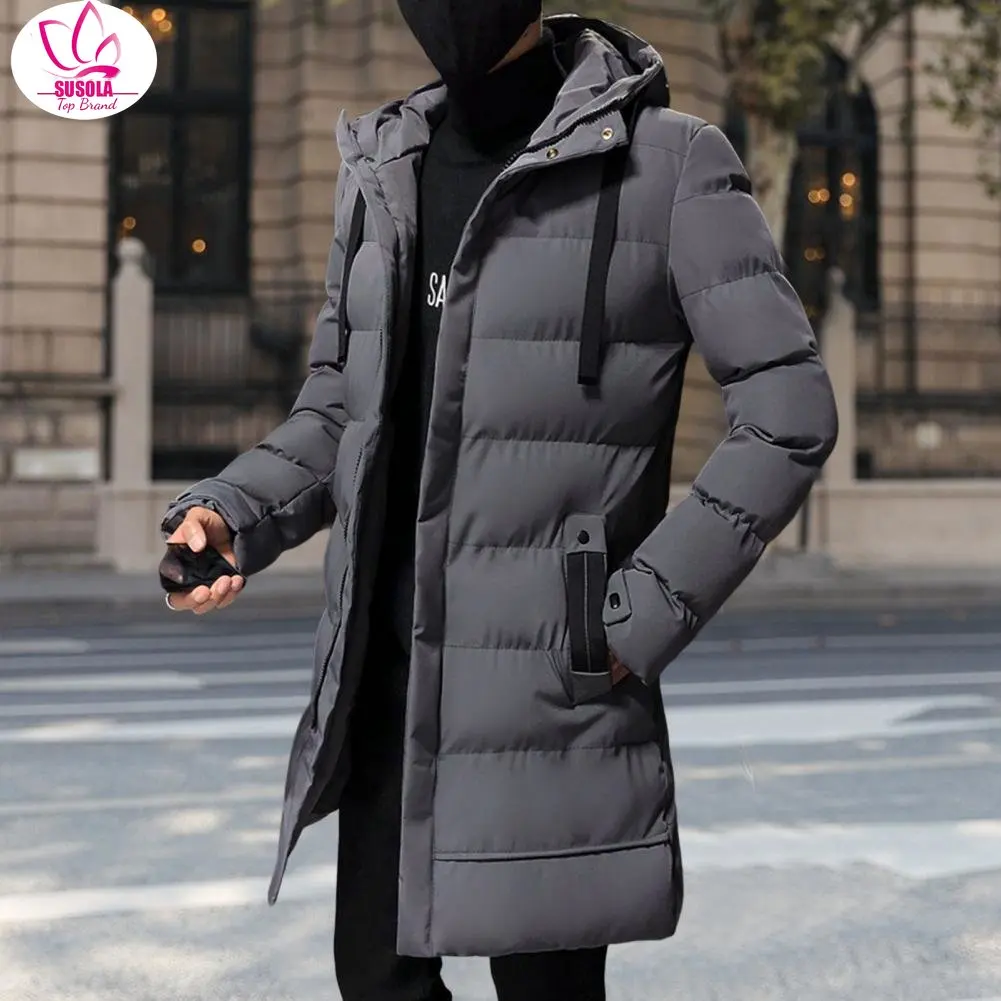 

Зимняя мужская куртка с капюшоном, мужское пальто с хлопковой подкладкой и длинным рукавом, ветровка средней длины на шнурке, однотонная Теплая мужская верхняя одежда